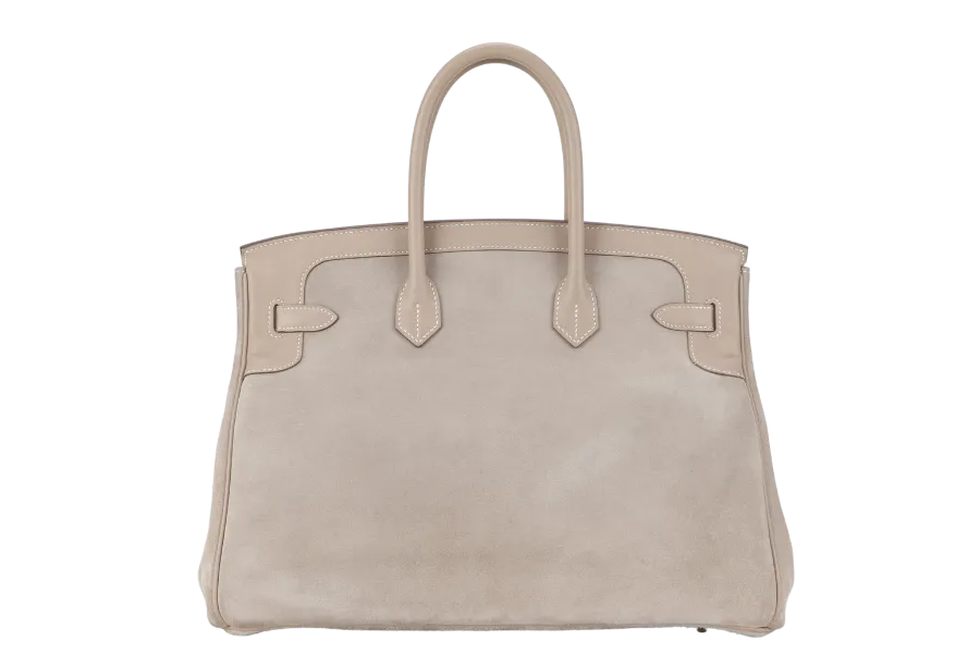 HERMES BIRKIN 35 GRIZZLY ARGILE SWIFT, DOBLIS WITH PERMABRASS HARDWARE STAMP Q (2013) WITH KEYS, LOCK, RAINCOAT AND DUST COVER