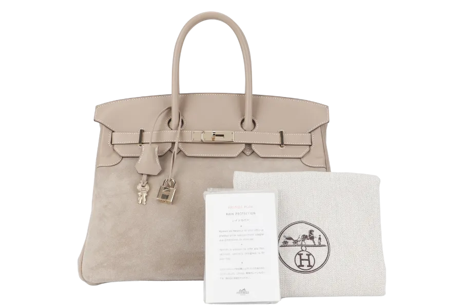 HERMES BIRKIN 35 GRIZZLY ARGILE SWIFT, DOBLIS WITH PERMABRASS HARDWARE STAMP Q (2013) WITH KEYS, LOCK, RAINCOAT AND DUST COVER