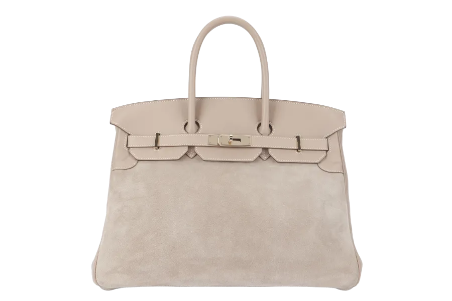 HERMES BIRKIN 35 GRIZZLY ARGILE SWIFT, DOBLIS WITH PERMABRASS HARDWARE STAMP Q (2013) WITH KEYS, LOCK, RAINCOAT AND DUST COVER