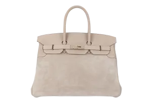 HERMES BIRKIN 35 GRIZZLY ARGILE SWIFT, DOBLIS WITH PERMABRASS HARDWARE STAMP Q (2013) WITH KEYS, LOCK, RAINCOAT AND DUST COVER