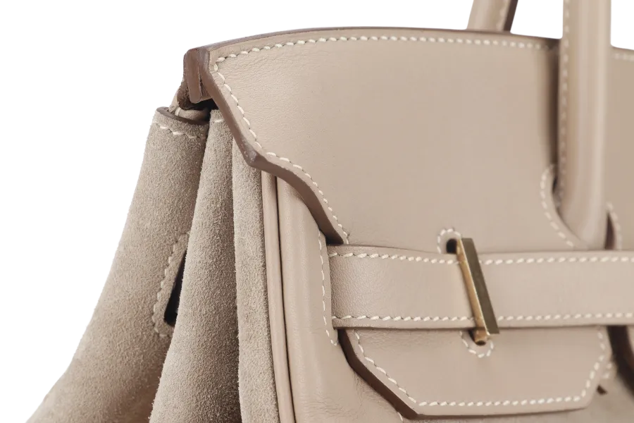 HERMES BIRKIN 35 GRIZZLY ARGILE SWIFT, DOBLIS WITH PERMABRASS HARDWARE STAMP Q (2013) WITH KEYS, LOCK, RAINCOAT AND DUST COVER