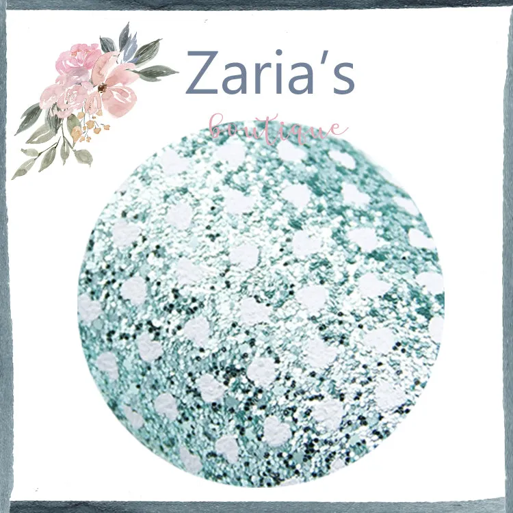 Jewel-Tone CHUNKY GLITTER ~ Aquamarine Green White Polka Dot HEARTS ~ 20 x 34cm