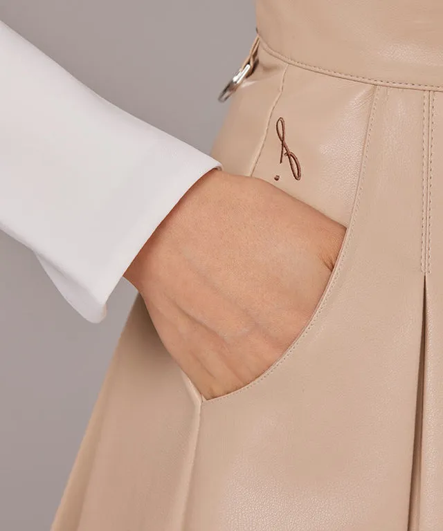 J.Jane Wide Pleats Leather Skirt - Beige