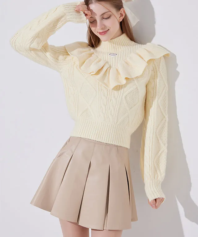 J.Jane Wide Pleats Leather Skirt - Beige