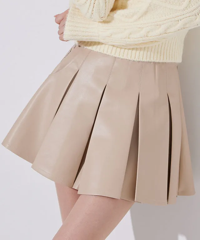 J.Jane Wide Pleats Leather Skirt - Beige