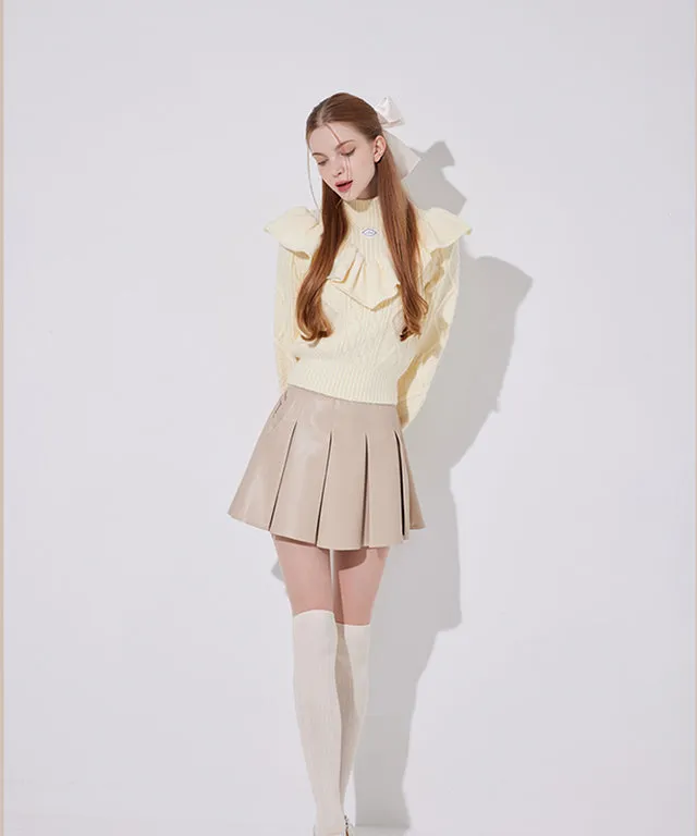 J.Jane Wide Pleats Leather Skirt - Beige