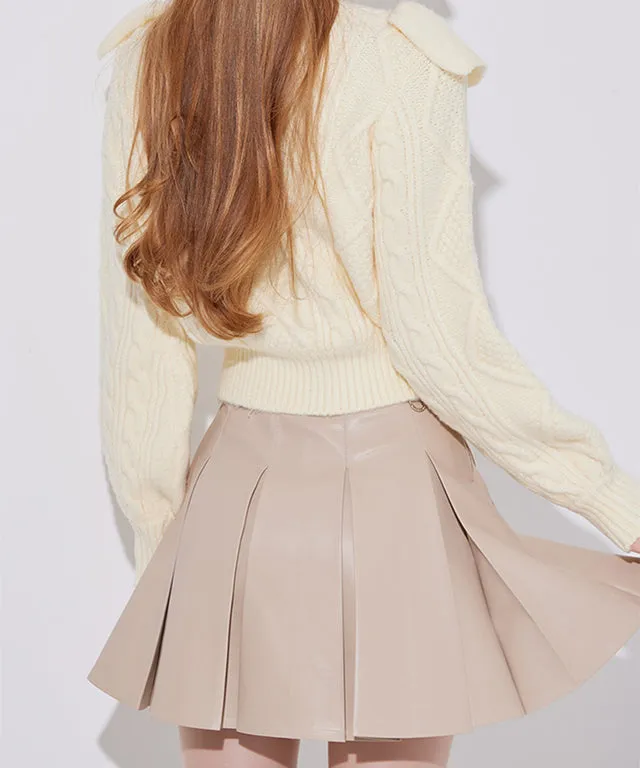 J.Jane Wide Pleats Leather Skirt - Beige