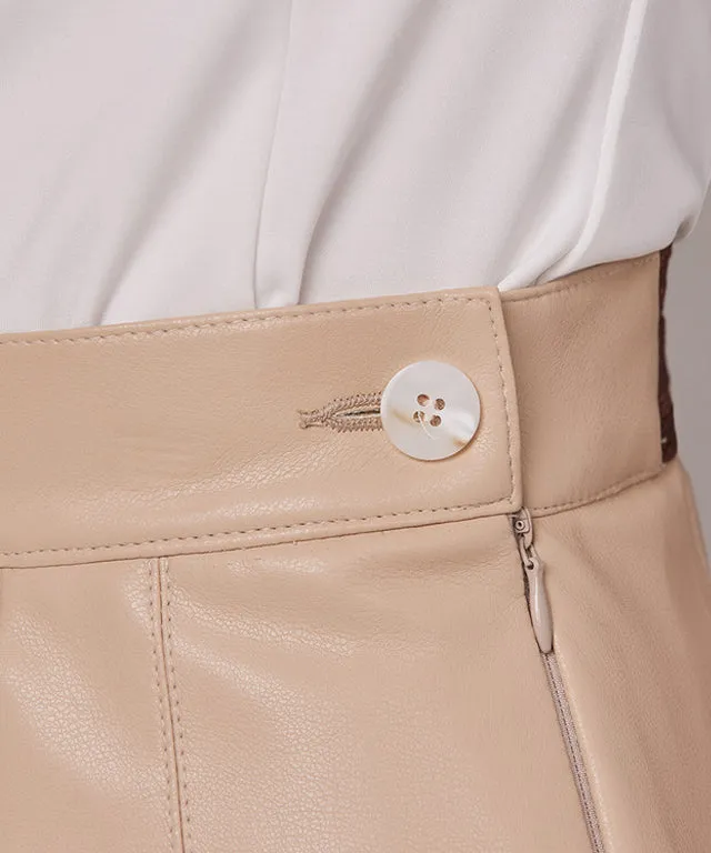 J.Jane Wide Pleats Leather Skirt - Beige