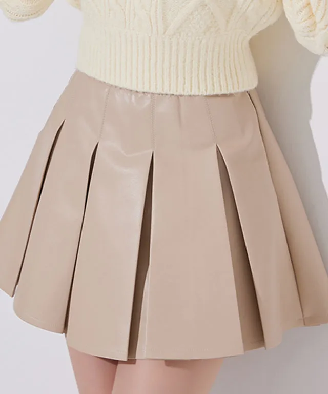 J.Jane Wide Pleats Leather Skirt - Beige