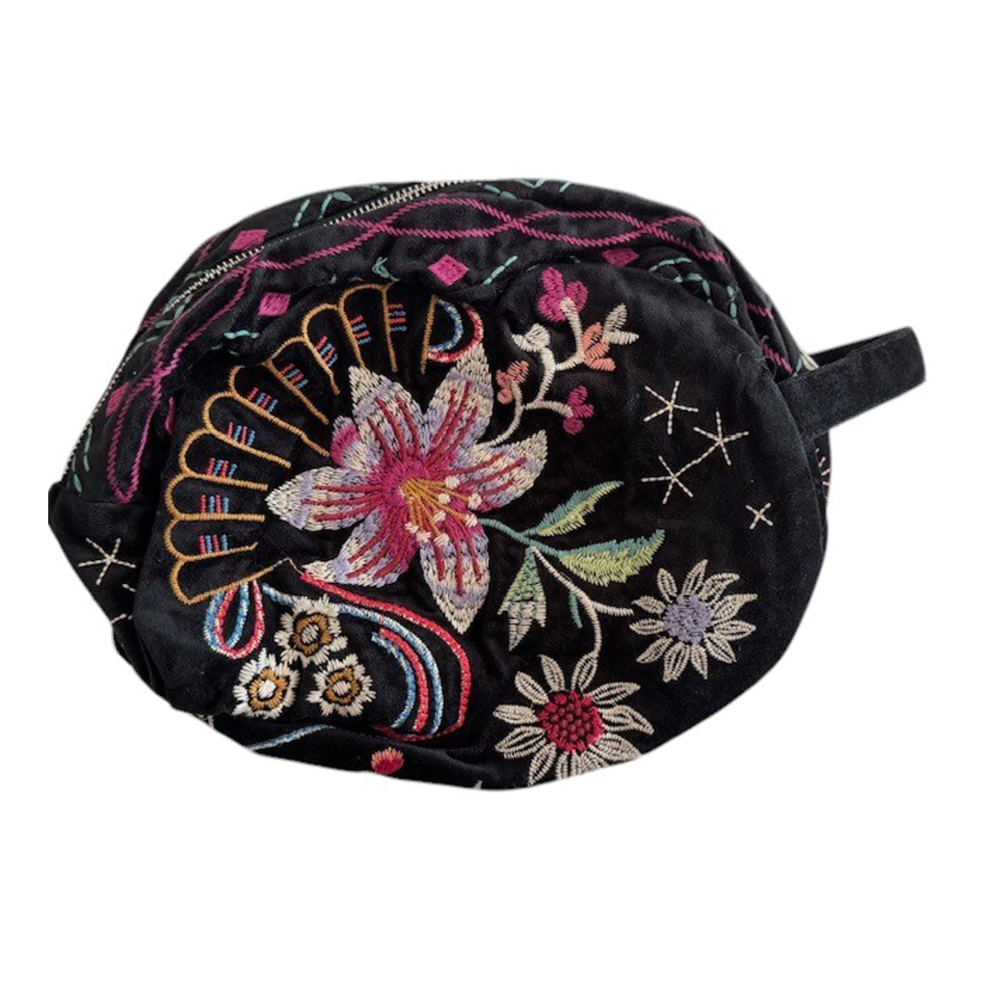 Johnny Was Colette Cotton Velvet Makeup Bag Floral Embroidered Cosmetic Handbag Black NEW