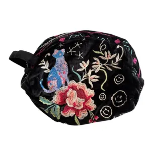 Johnny Was Colette Cotton Velvet Makeup Bag Floral Embroidered Cosmetic Handbag Black NEW