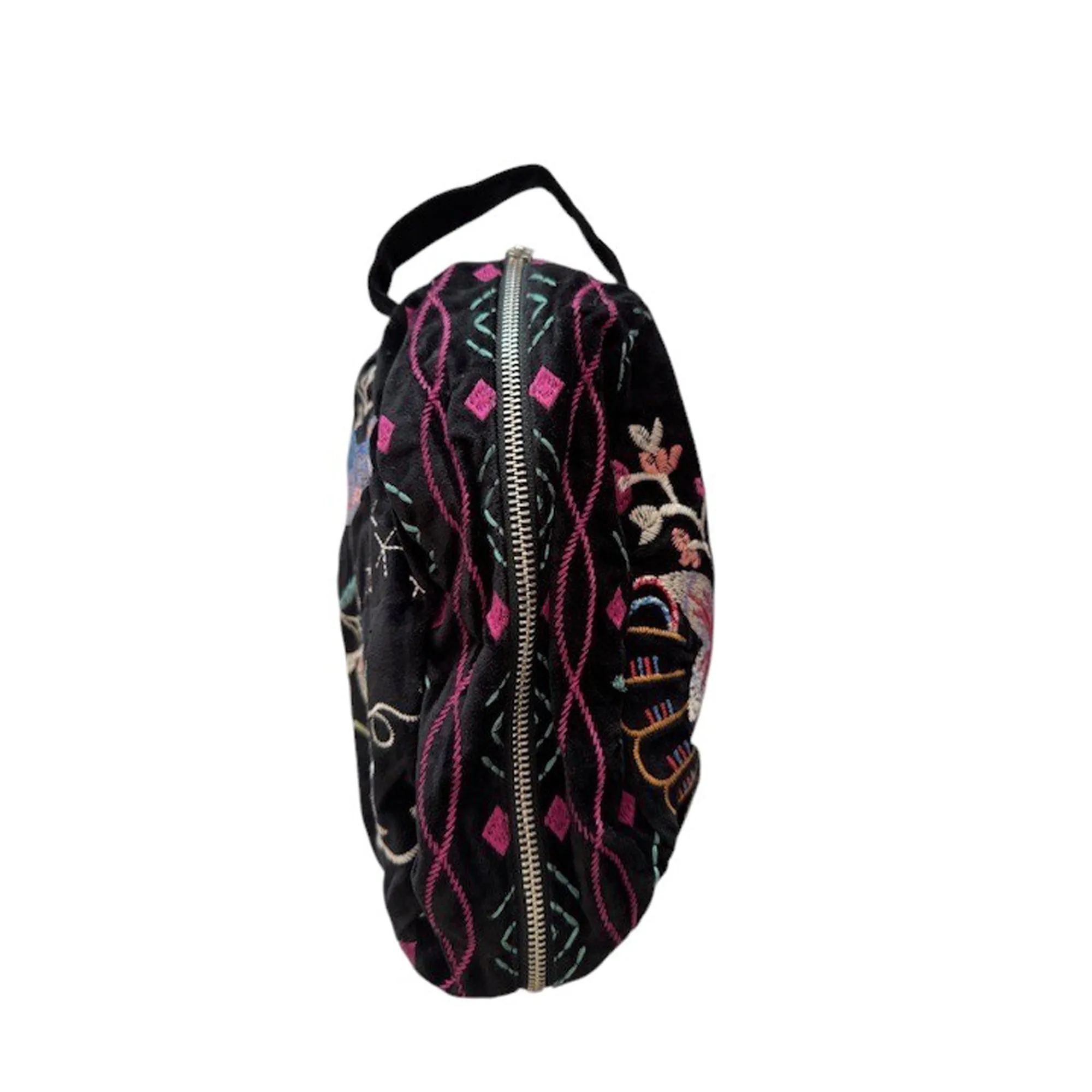 Johnny Was Colette Cotton Velvet Makeup Bag Floral Embroidered Cosmetic Handbag Black NEW