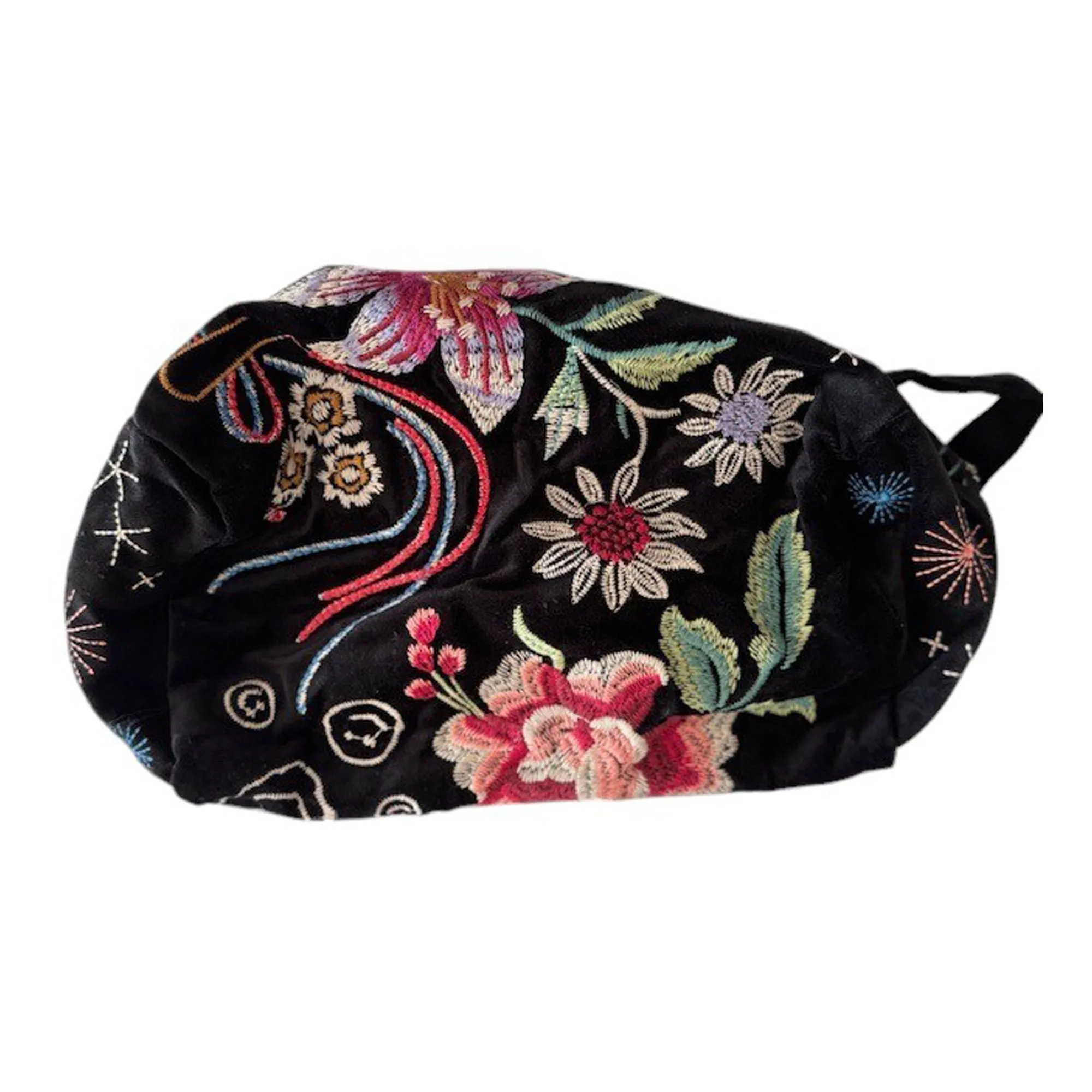 Johnny Was Colette Cotton Velvet Makeup Bag Floral Embroidered Cosmetic Handbag Black NEW