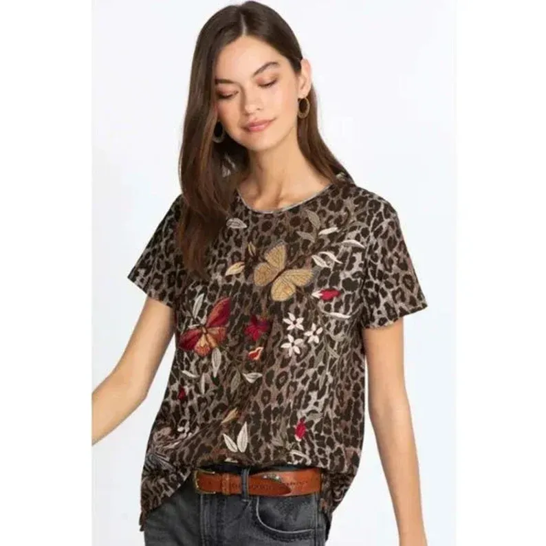 Johnny Was Penelope Shirt Leopard Brown Top Butterfly Tee Short Embroidery NEW