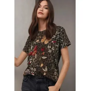 Johnny Was Penelope Shirt Leopard Brown Top Butterfly Tee Short Embroidery NEW