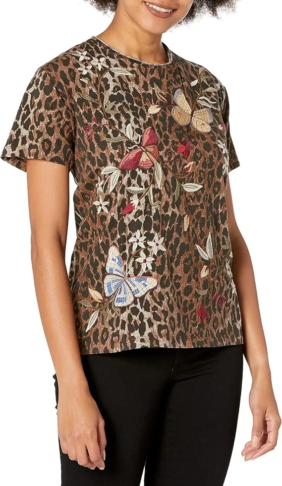 Johnny Was Penelope Shirt Leopard Brown Top Butterfly Tee Short Embroidery NEW
