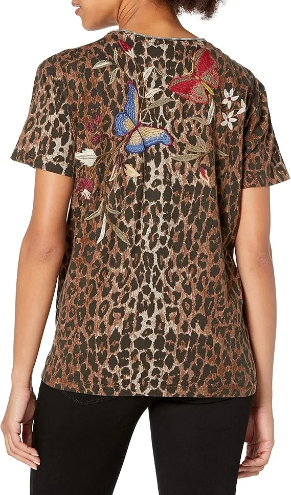 Johnny Was Penelope Shirt Leopard Brown Top Butterfly Tee Short Embroidery NEW