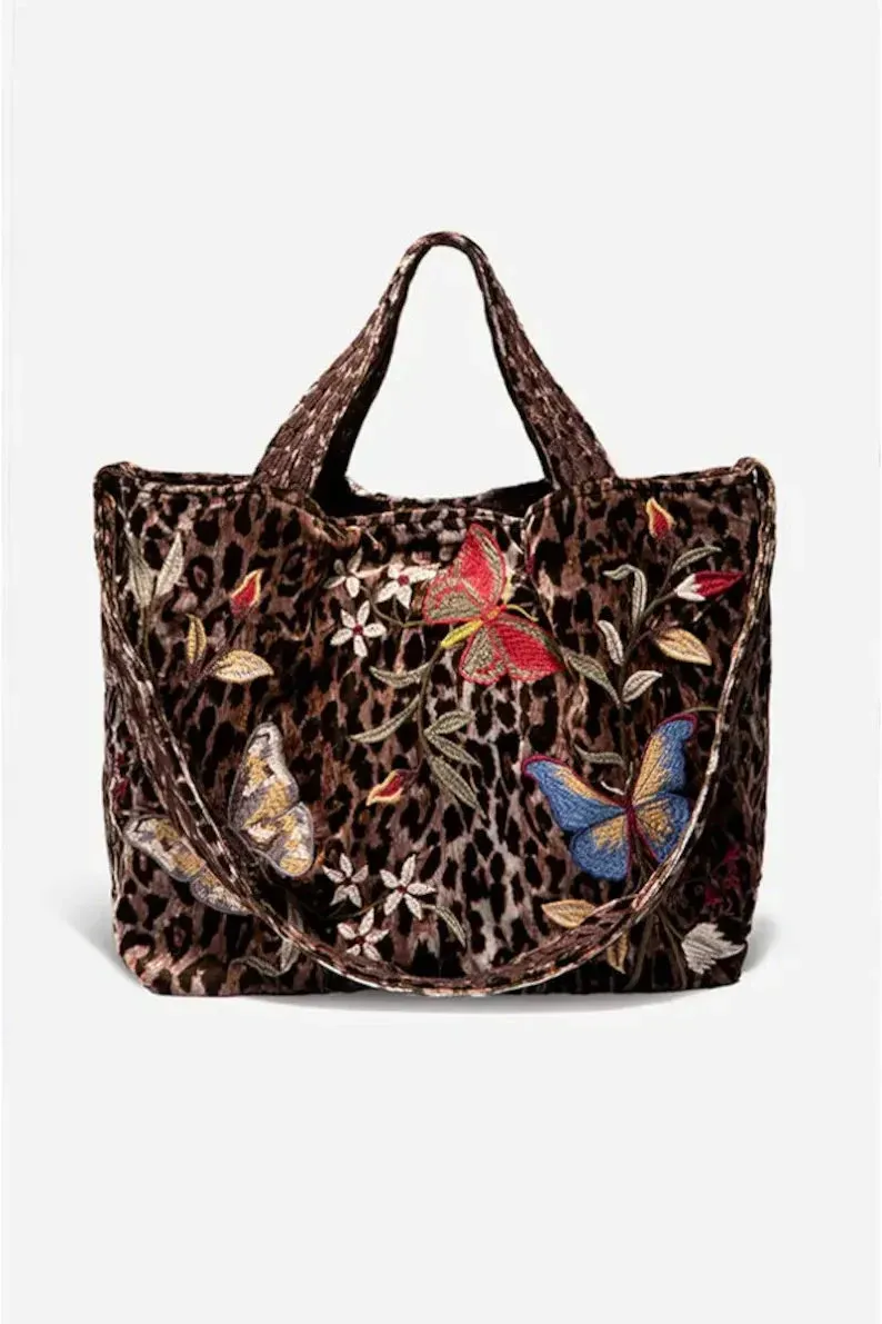 Johnny Was Penelope Shirt Leopard Brown Top Butterfly Tee Short Embroidery NEW