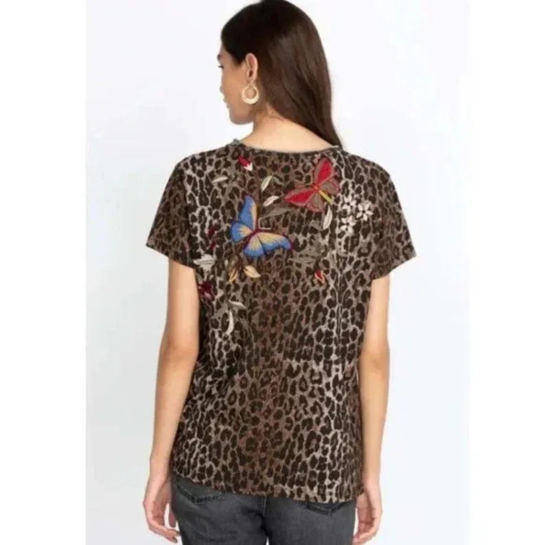 Johnny Was Penelope Shirt Leopard Brown Top Butterfly Tee Short Embroidery NEW