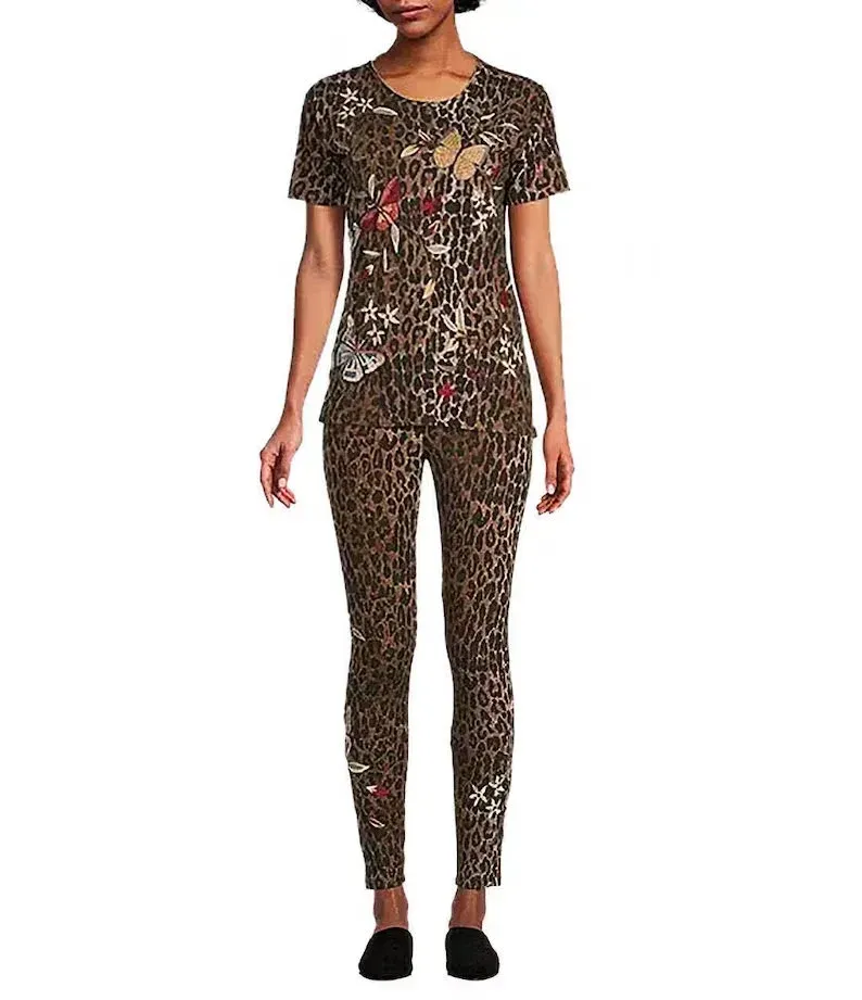 Johnny Was Penelope Shirt Leopard Brown Top Butterfly Tee Short Embroidery NEW