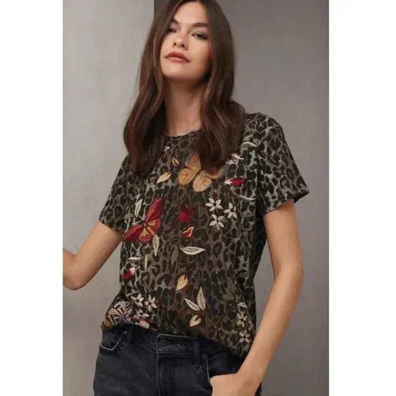 Johnny Was Penelope Shirt Leopard Brown Top Butterfly Tee Short Embroidery NEW