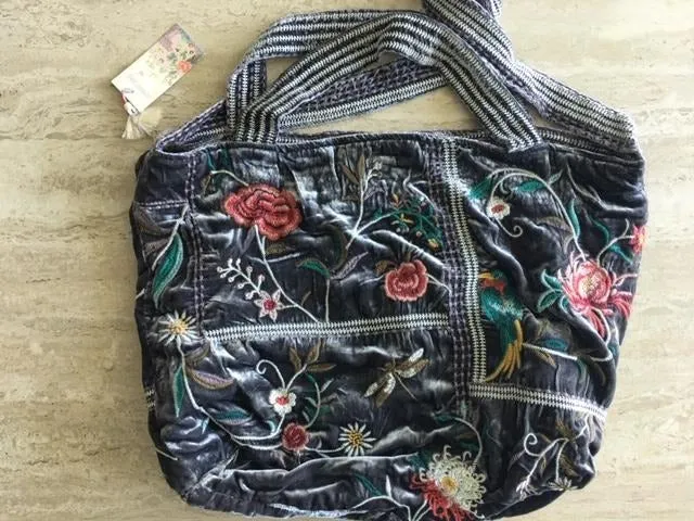 Johnny Was Uriah Velvet Handbag Black Embroidery Flower Tote Bag Large Purse NEW