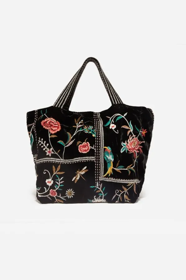 Johnny Was Uriah Velvet Handbag Black Embroidery Flower Tote Bag Large Purse NEW