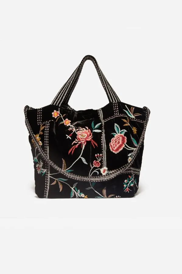 Johnny Was Uriah Velvet Handbag Black Embroidery Flower Tote Bag Large Purse NEW