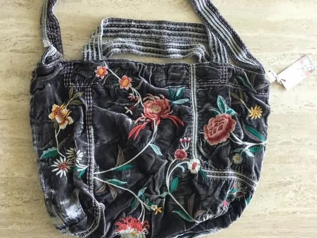 Johnny Was Uriah Velvet Handbag Black Embroidery Flower Tote Bag Large Purse NEW