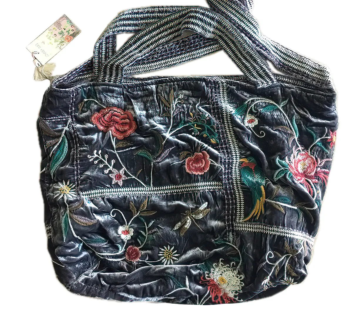Johnny Was Uriah Velvet Handbag Black Embroidery Flower Tote Bag Large Purse NEW