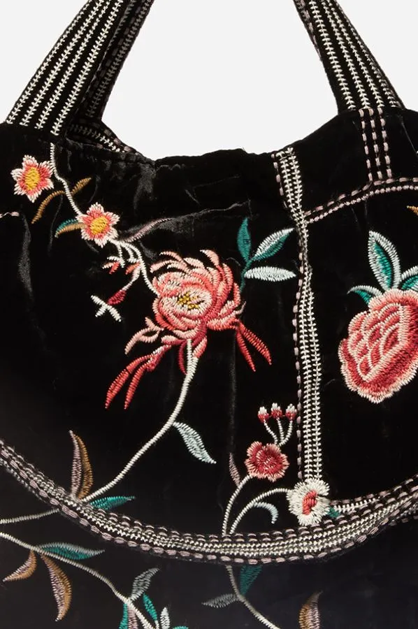 Johnny Was Uriah Velvet Handbag Black Embroidery Flower Tote Bag Large Purse NEW
