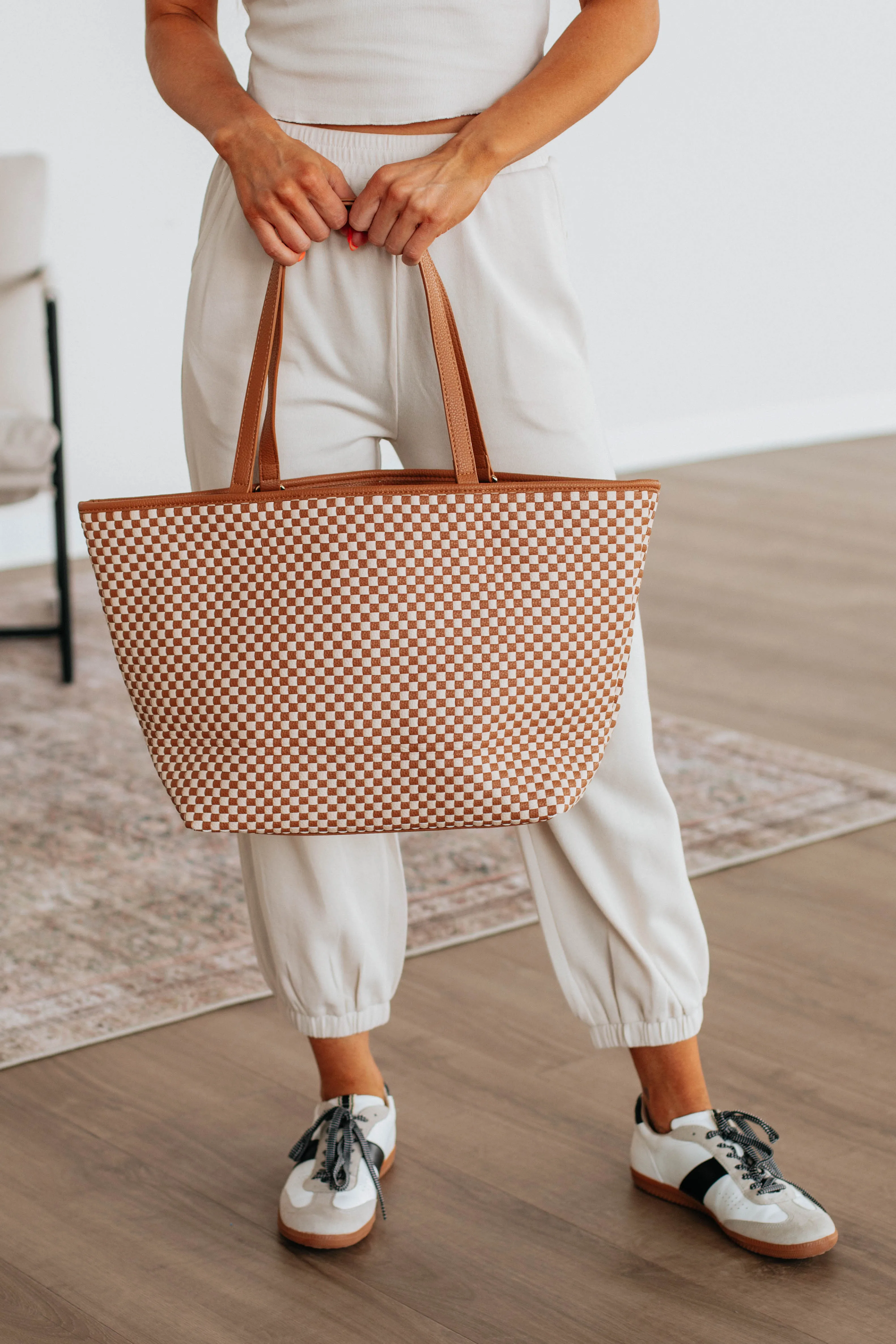 Keeley Checkered Tote Bag - Cognac