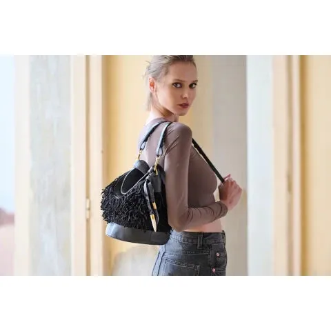 Kempton & Co. Richmond Bucket Bag in Black Suede Fringe