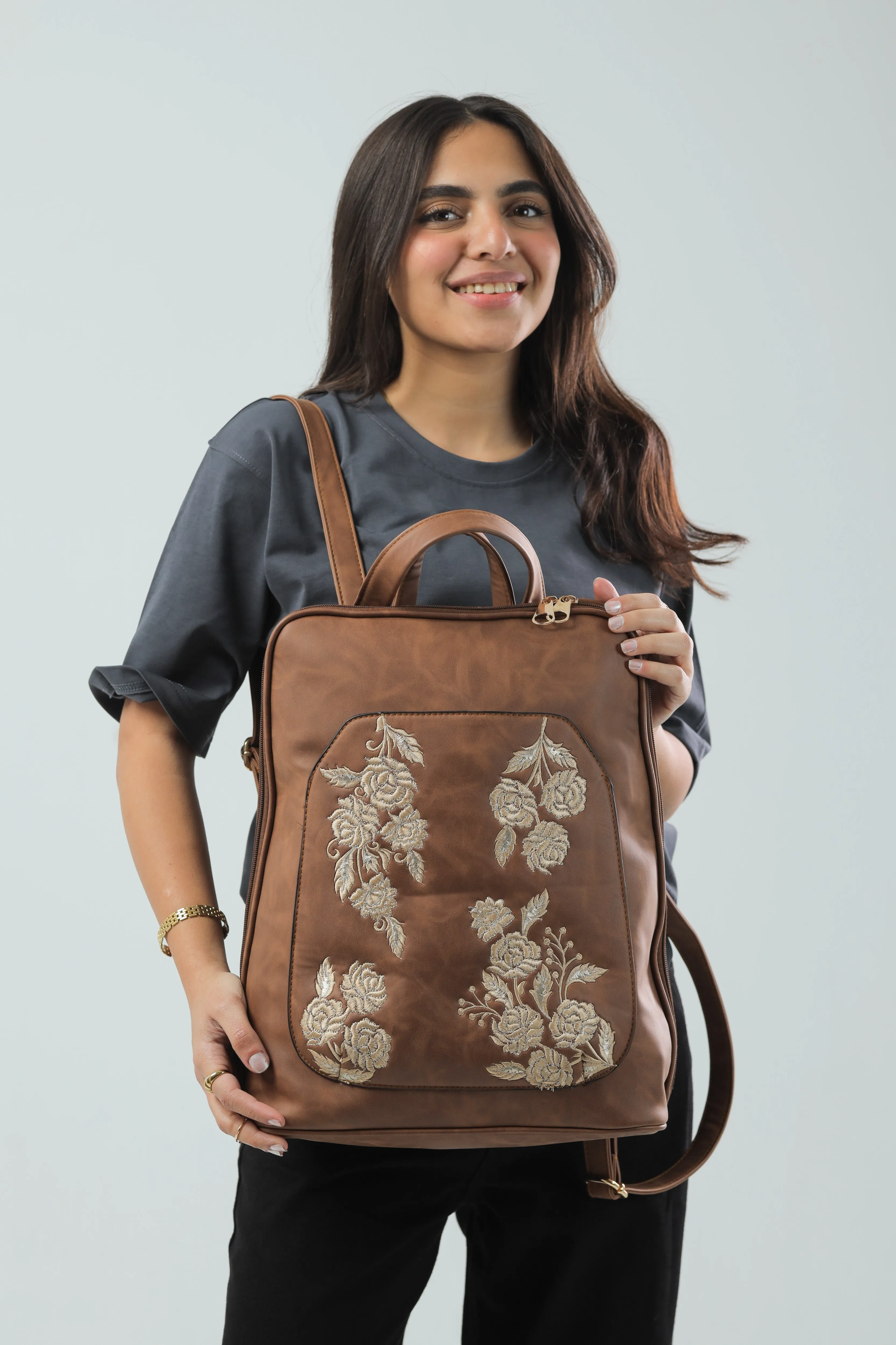 Laptop Backpack Embroidered Flower - Havane