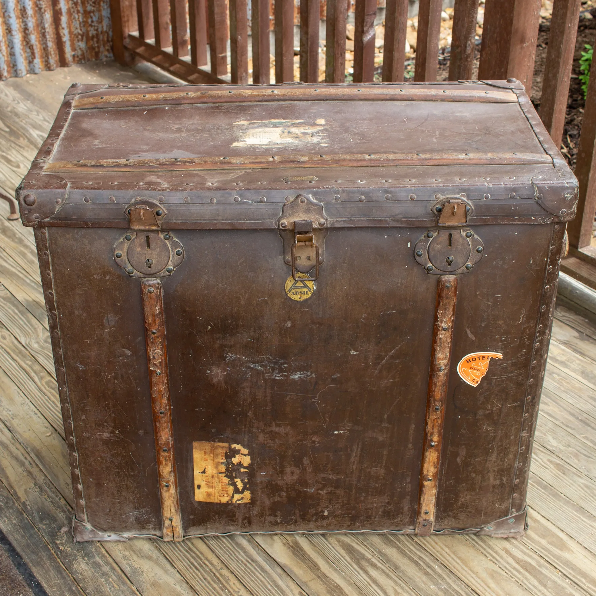 Large Antique Spanish Leather Trunk Made by Absil
