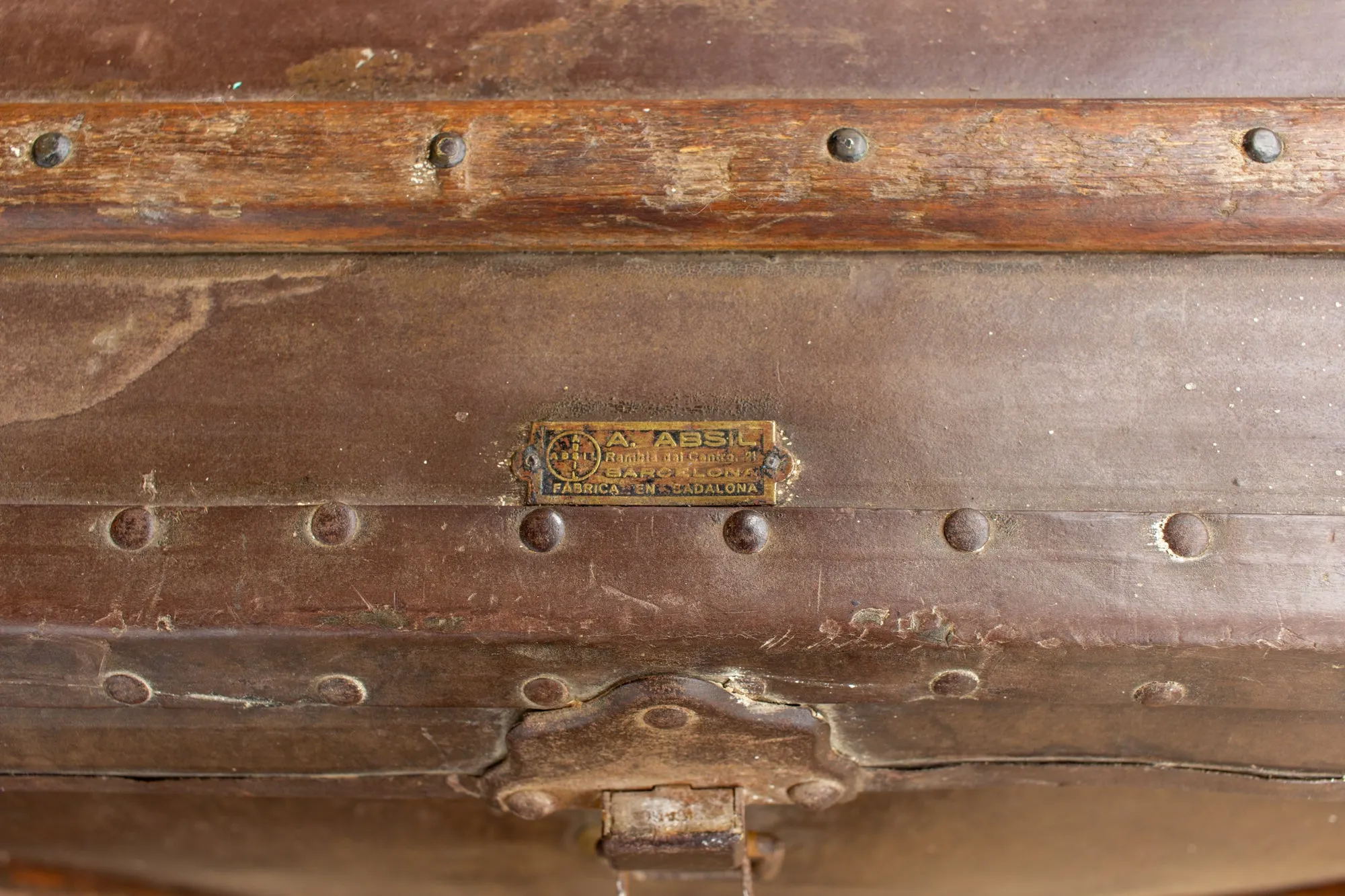 Large Antique Spanish Leather Trunk Made by Absil