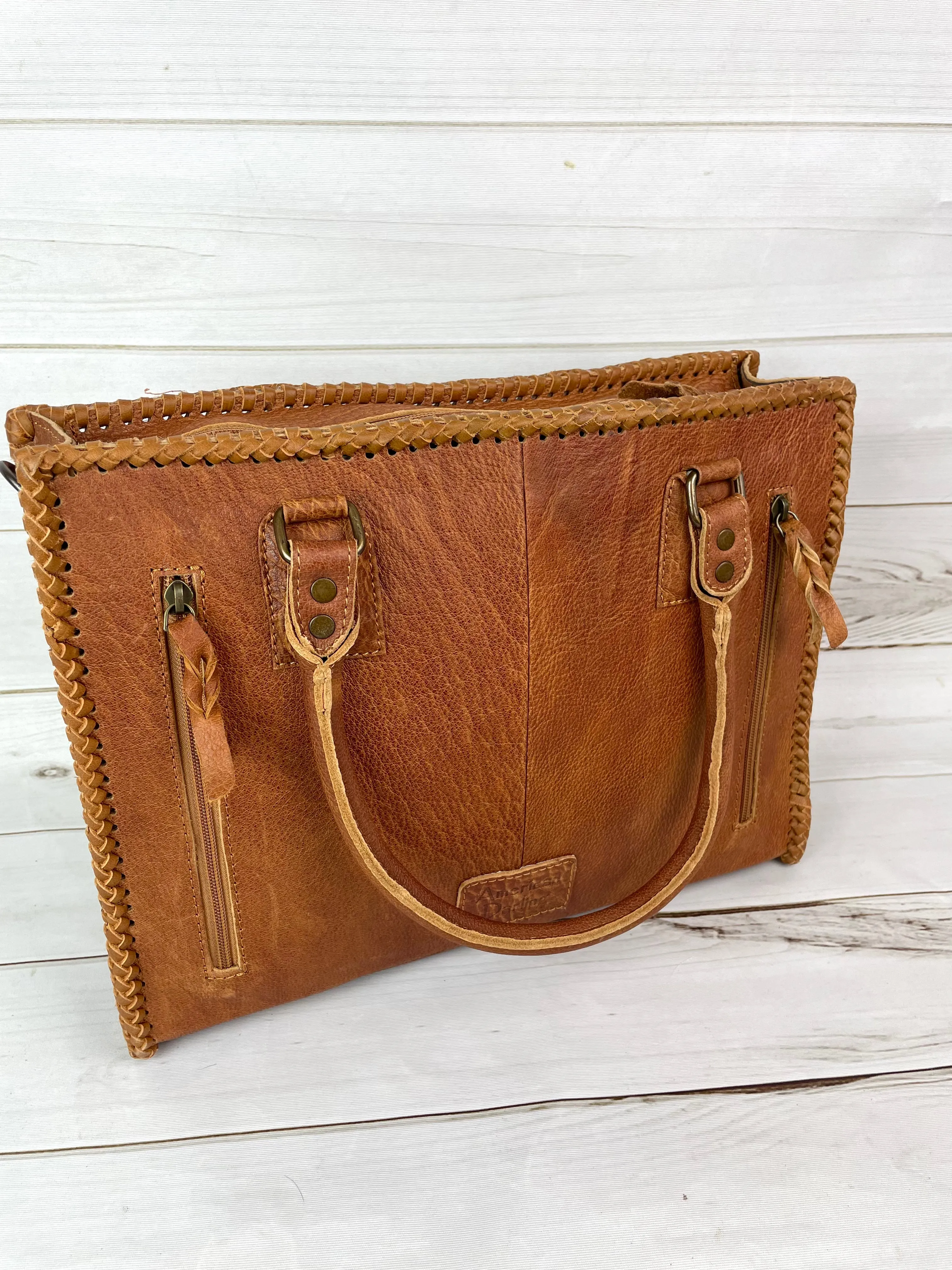Leather Braided Camel Colored Cowhide Tote