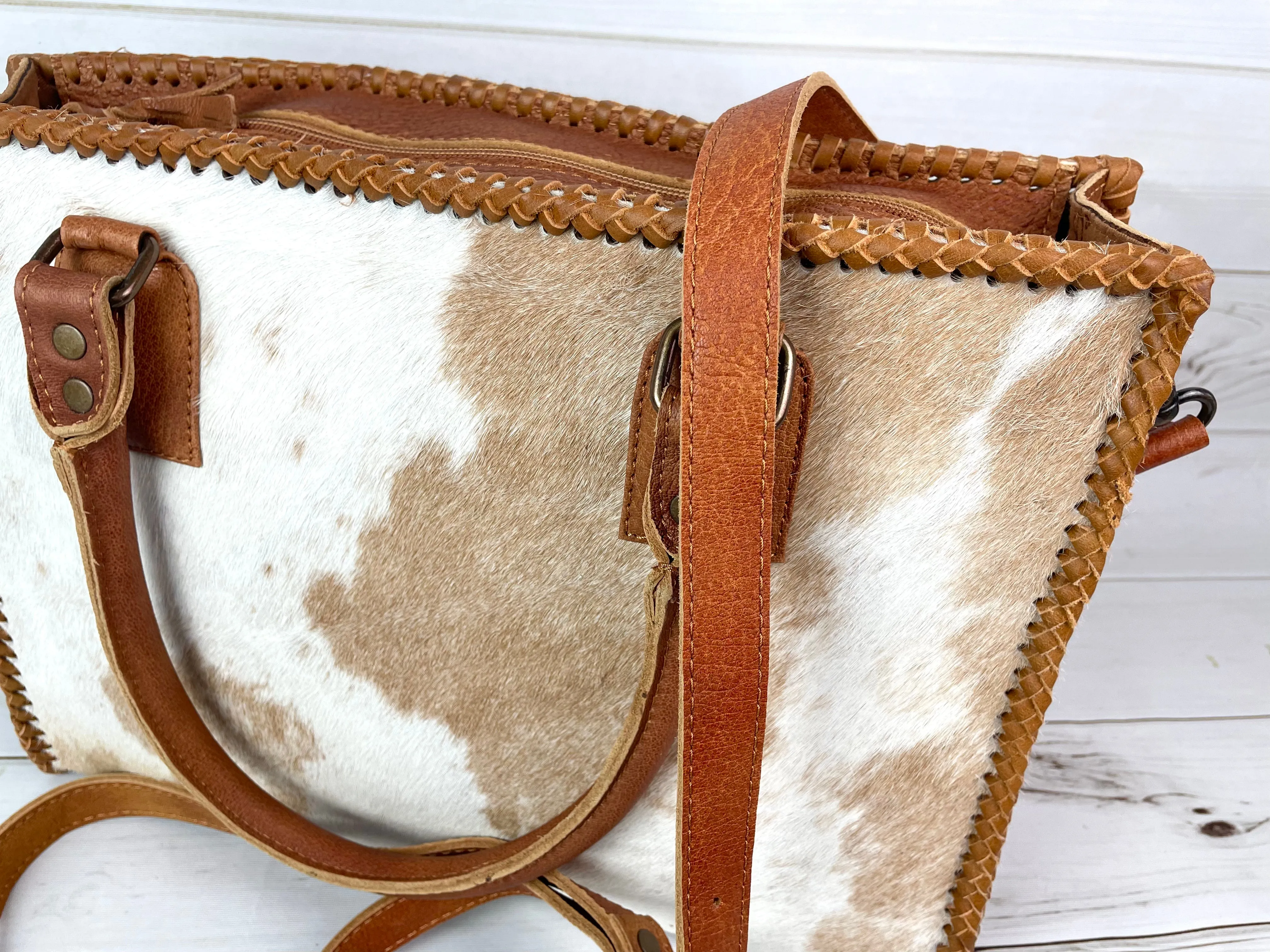 Leather Braided Camel Colored Cowhide Tote