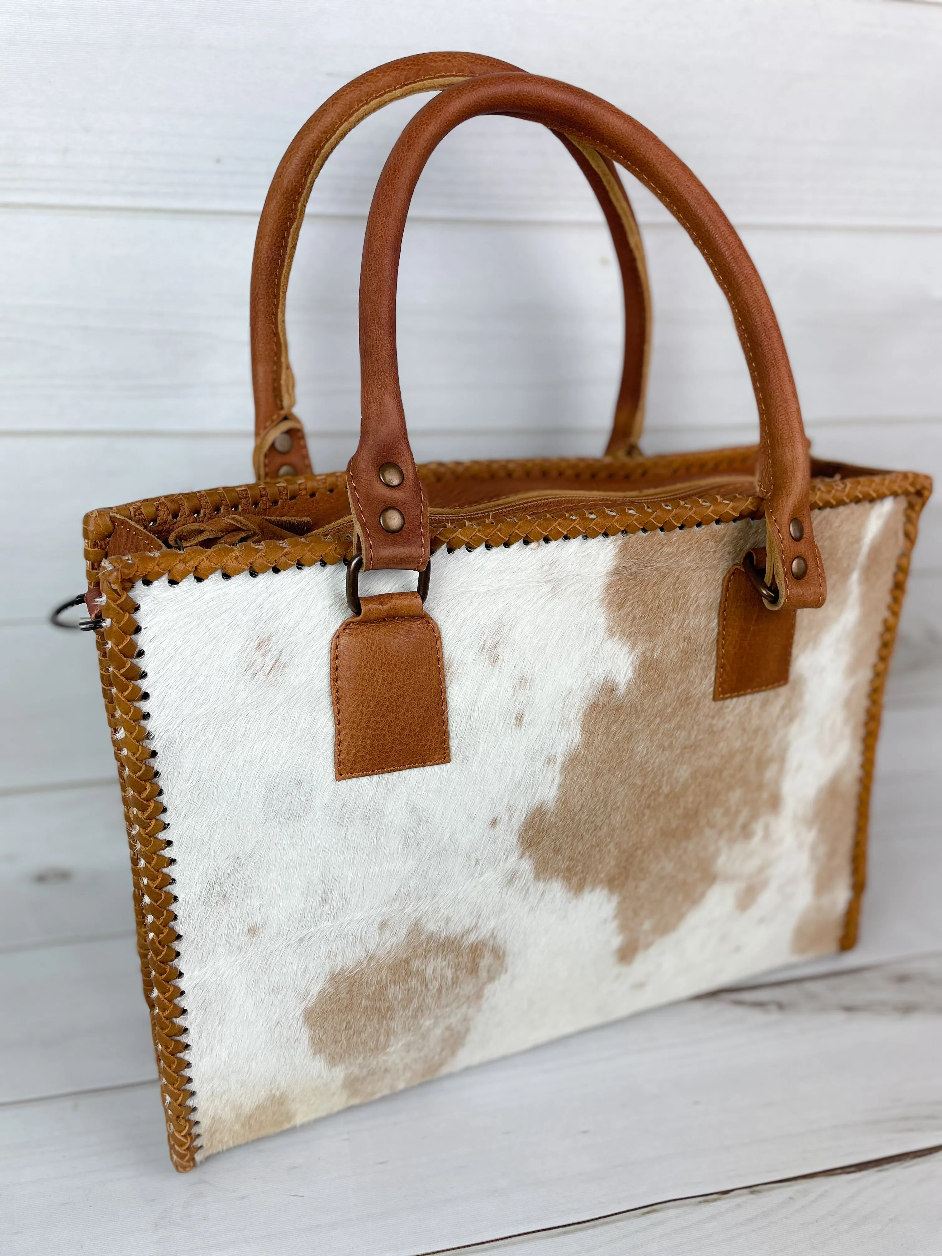 Leather Braided Camel Colored Cowhide Tote