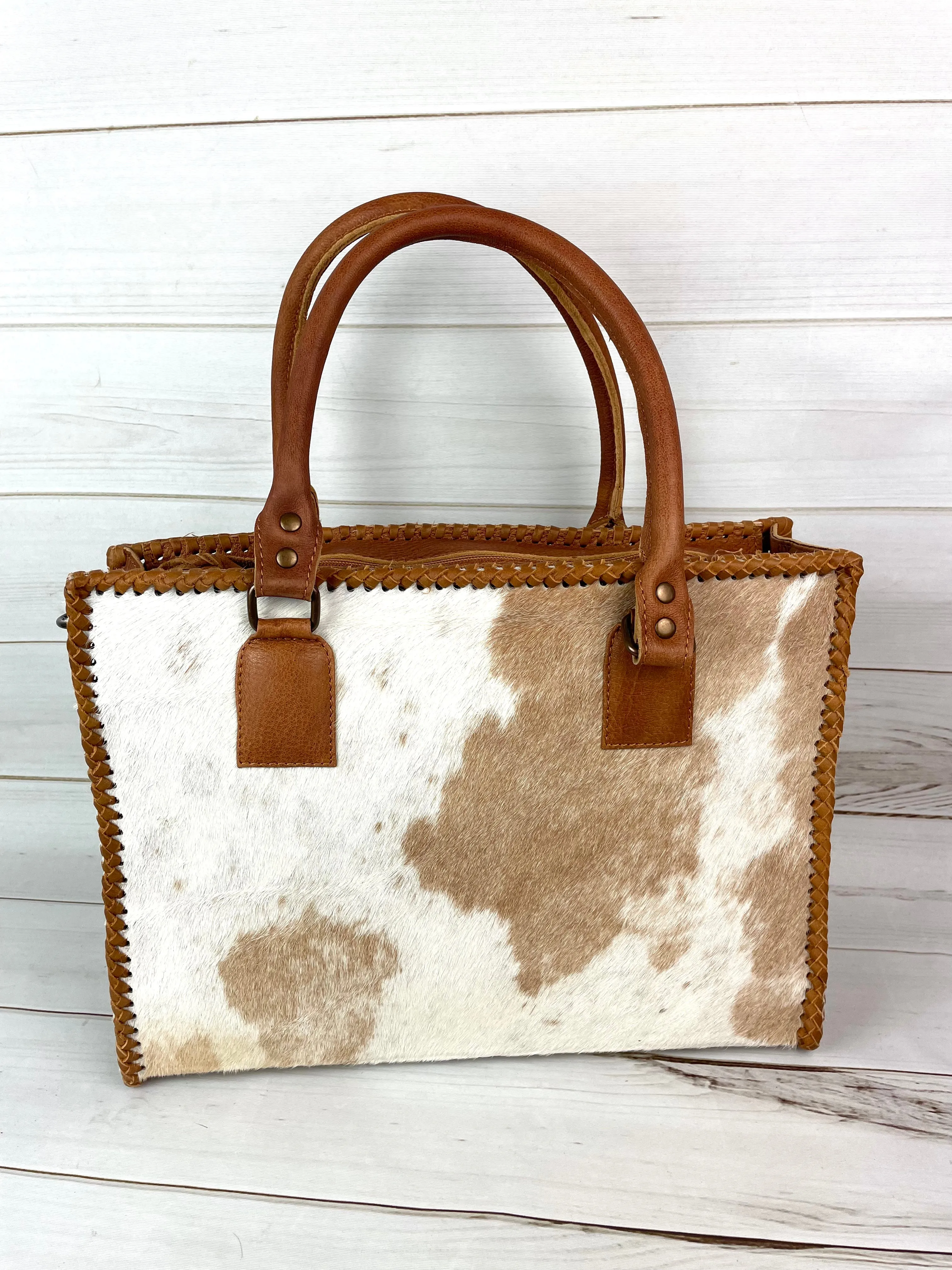 Leather Braided Camel Colored Cowhide Tote