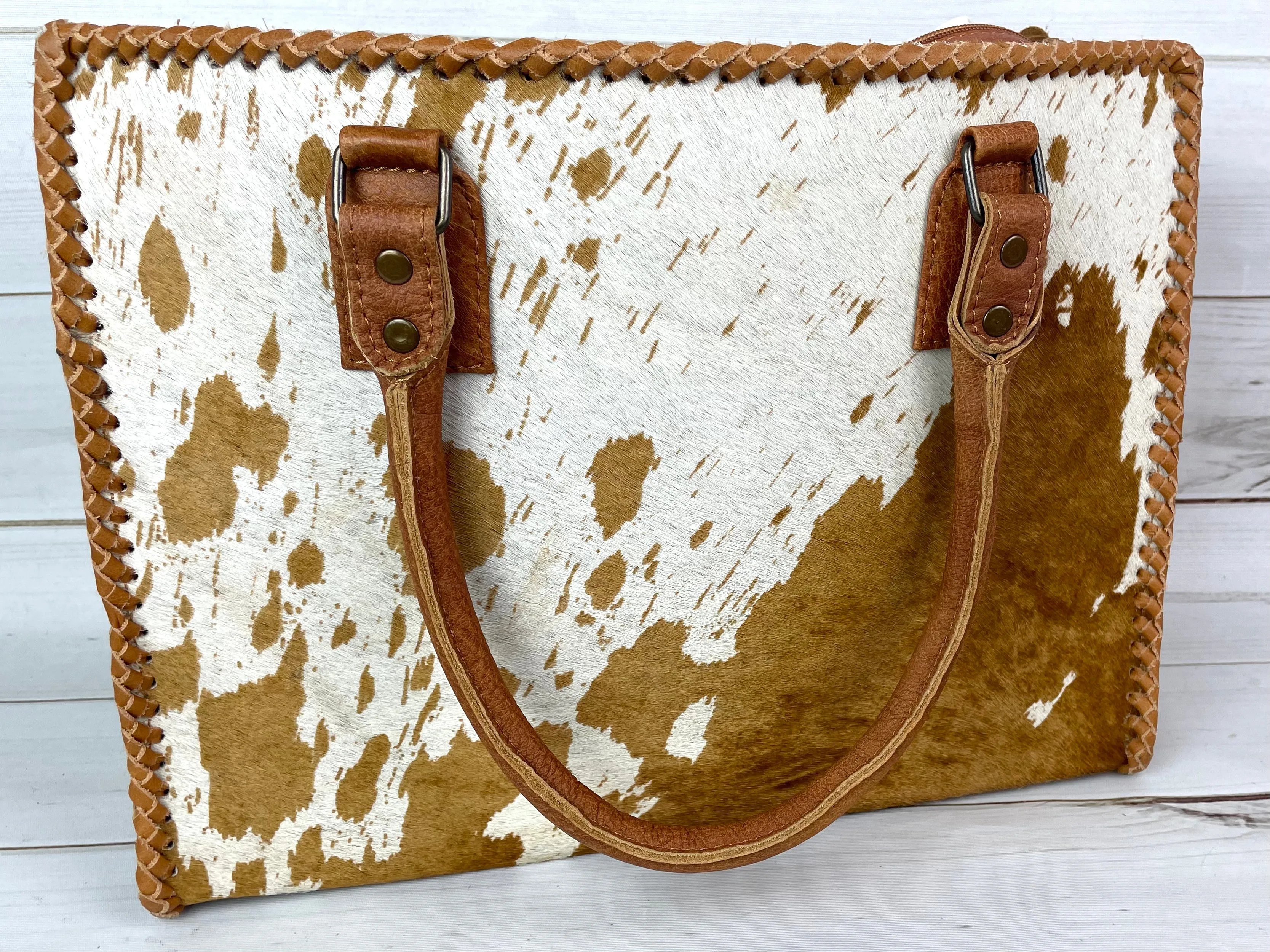 Leather Braided Camel Colored Cowhide Tote