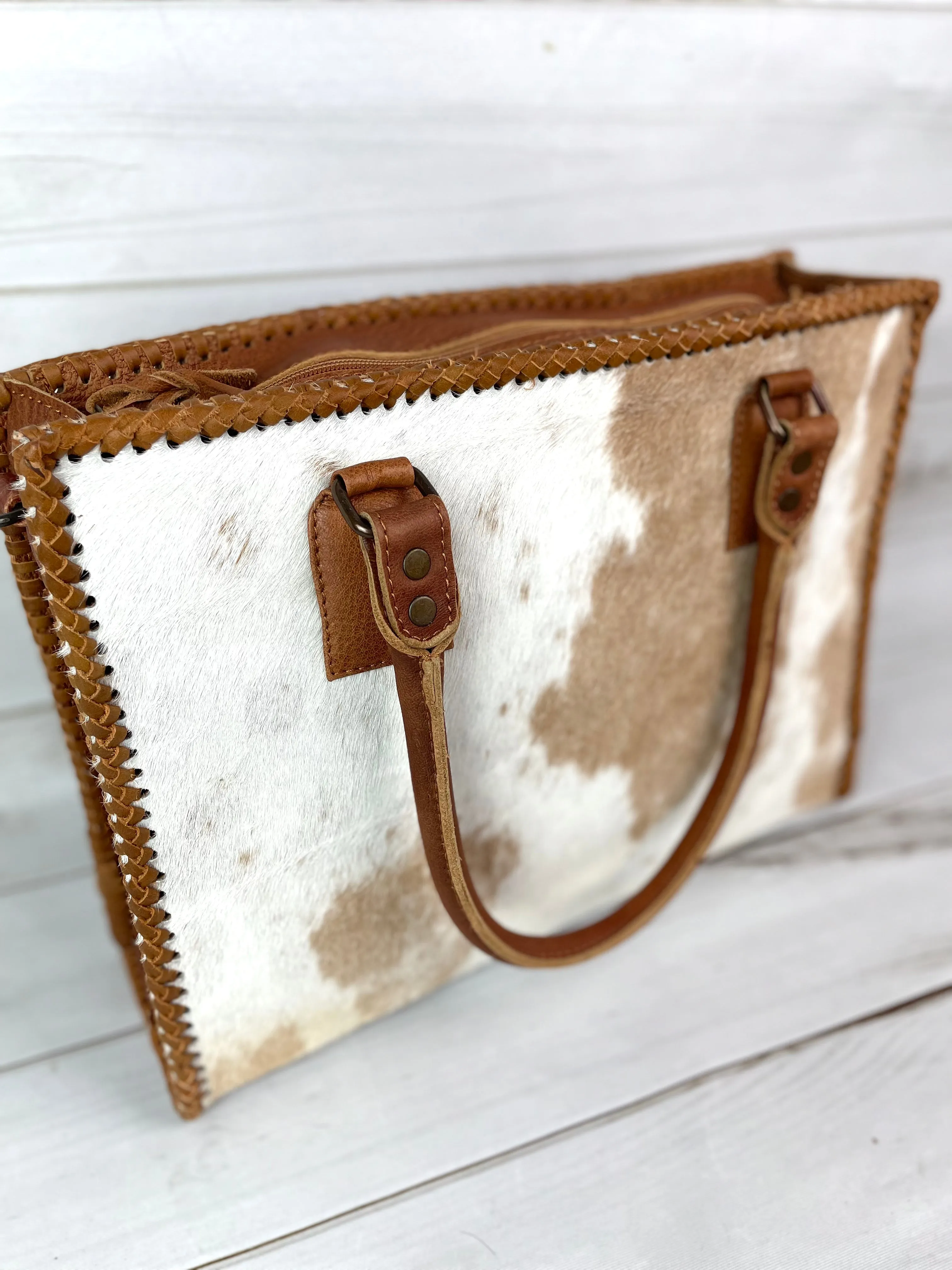 Leather Braided Camel Colored Cowhide Tote