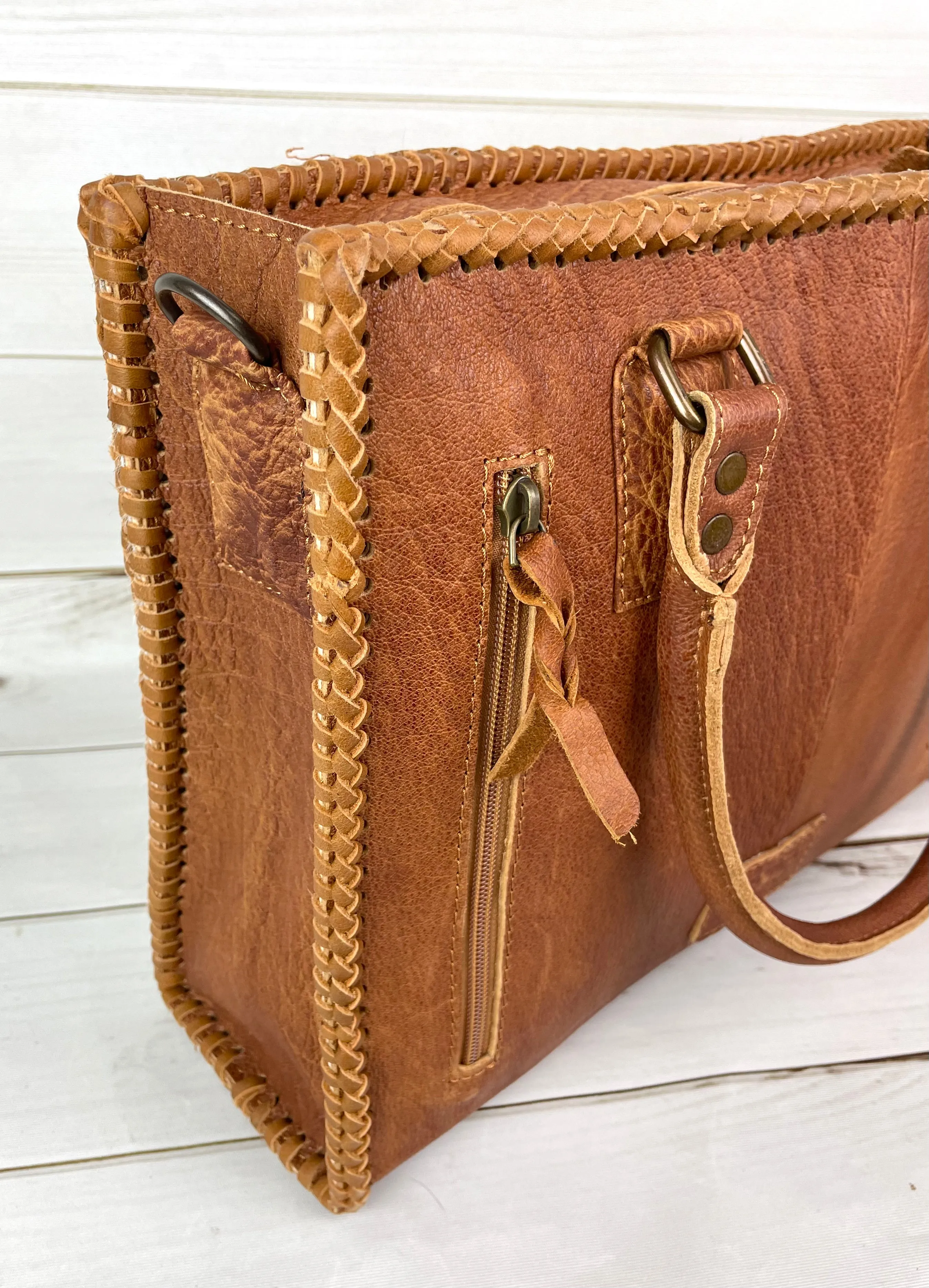 Leather Braided Camel Colored Cowhide Tote
