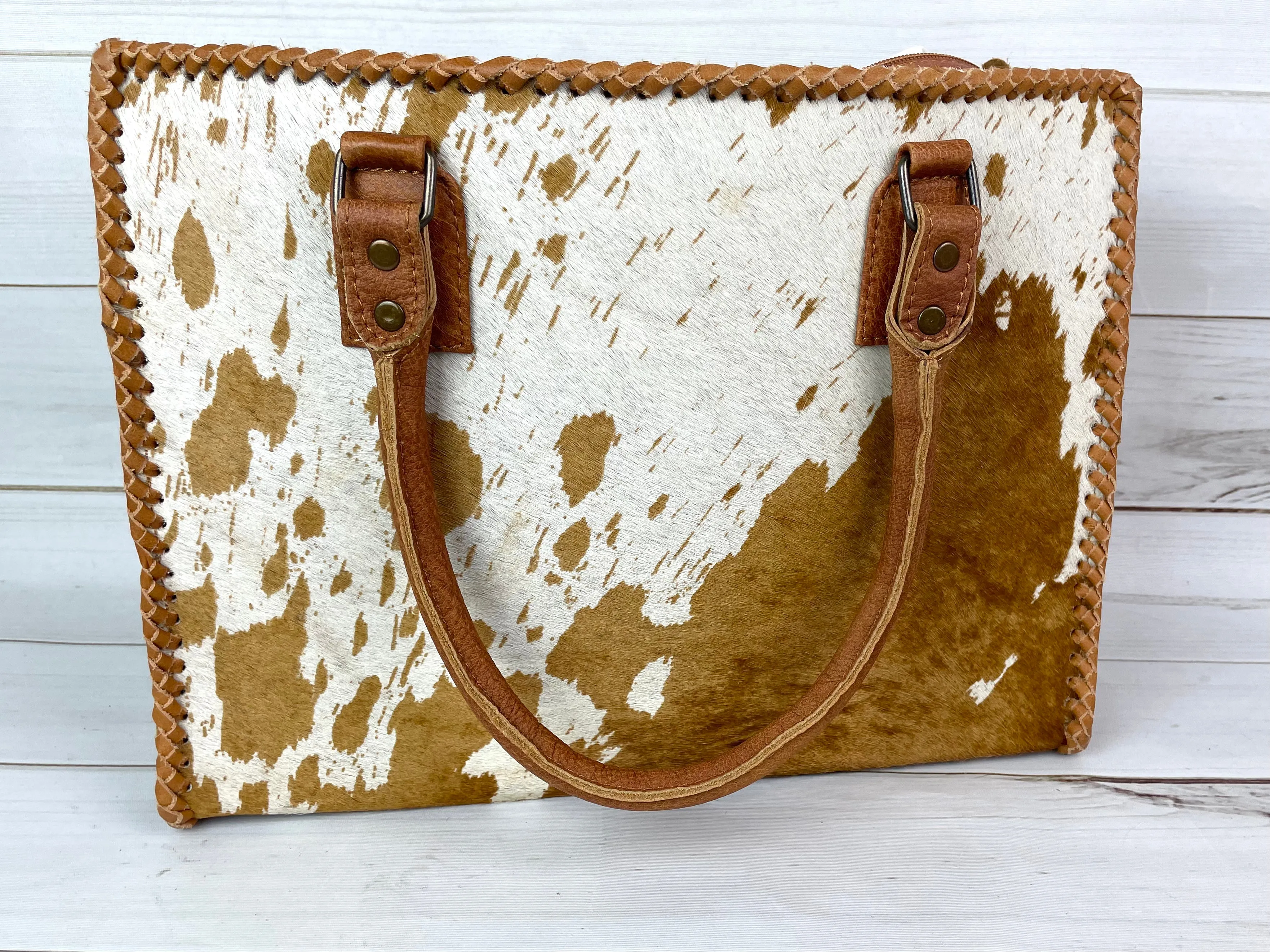 Leather Braided Camel Colored Cowhide Tote