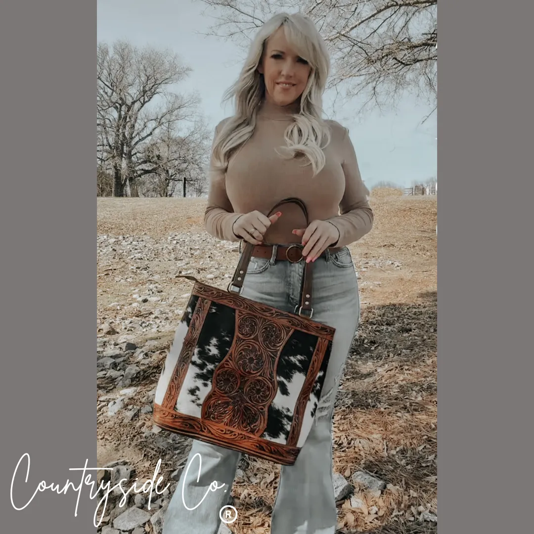 Lucille Cowhide and Tooled Leather Tote  Bag