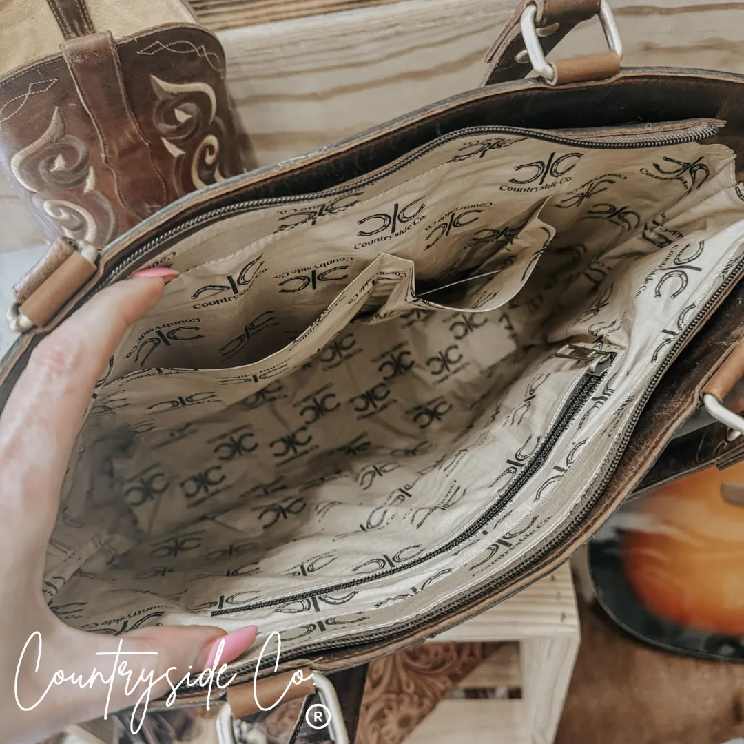 Lucille Cowhide and Tooled Leather Tote  Bag