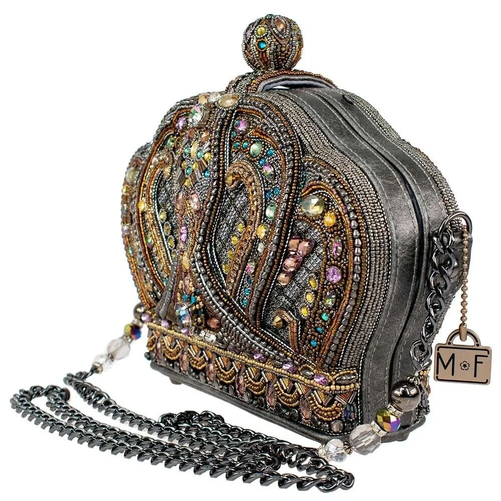 Mary Frances Royal Treatment Crossbody Crown Handbag Beaded Silver Gray Bag New