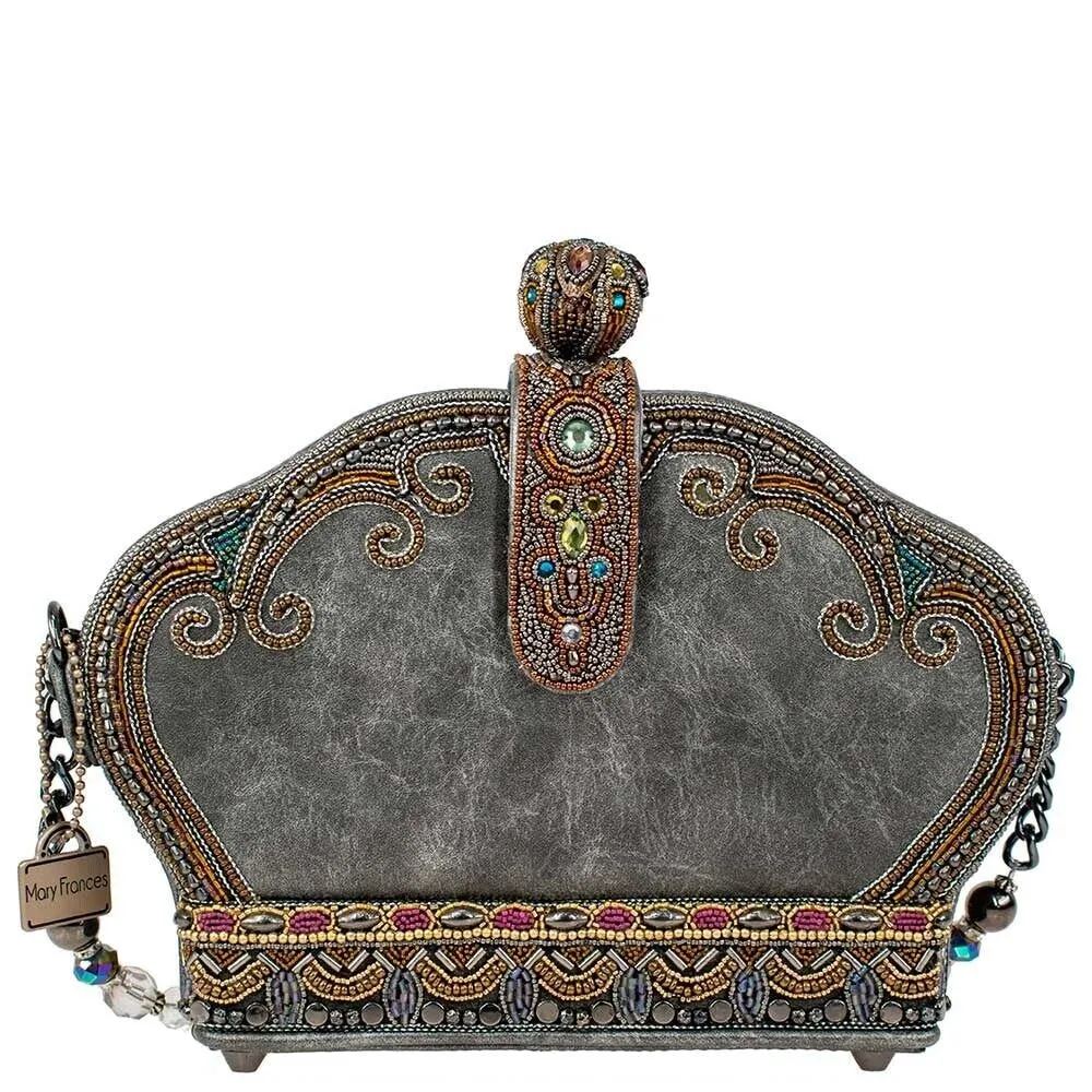 Mary Frances Royal Treatment Crossbody Crown Handbag Beaded Silver Gray Bag New