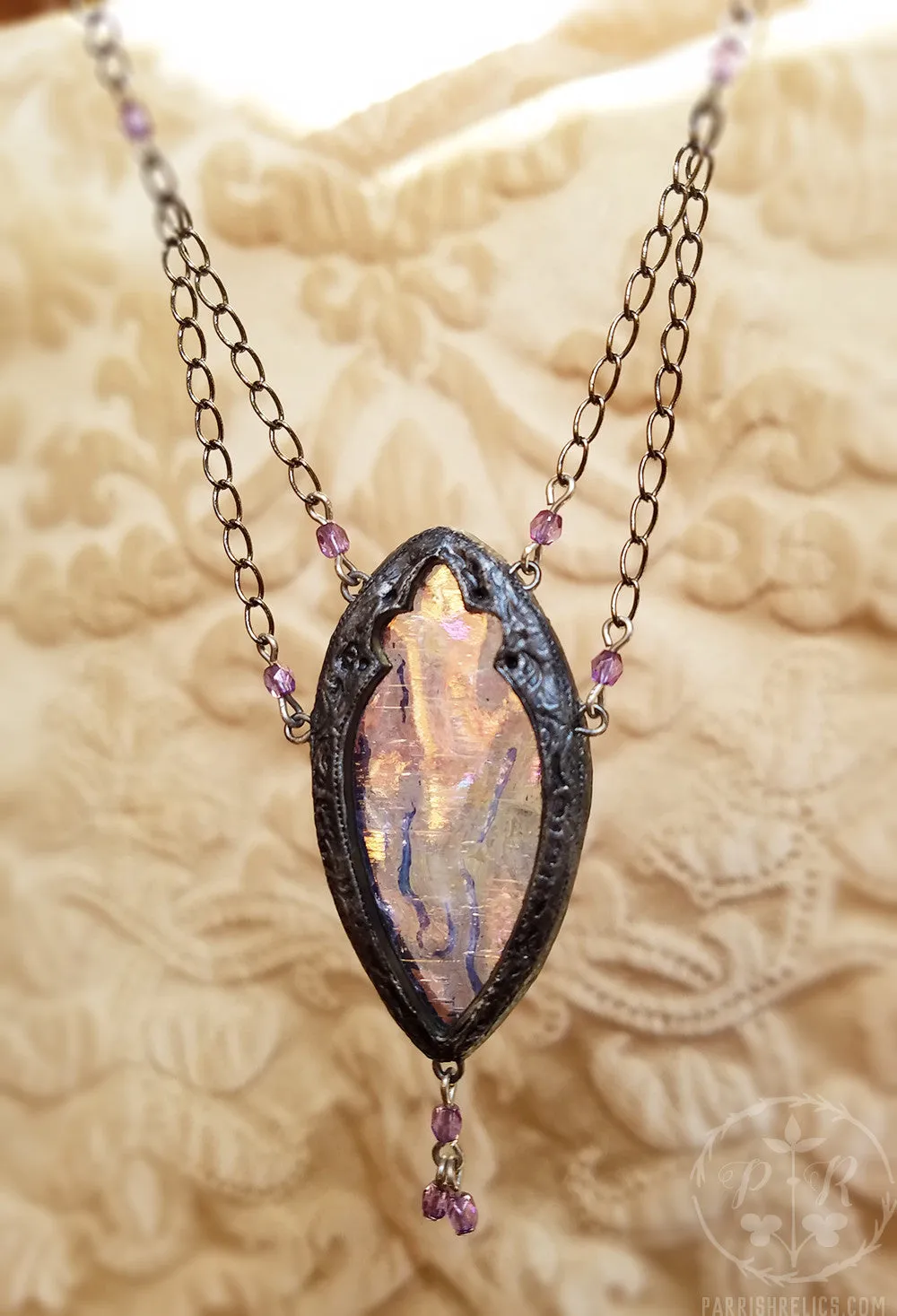 Matilde di Canossa Amulet ~ Lavender Iridescent Stained Glass Gothic Arch