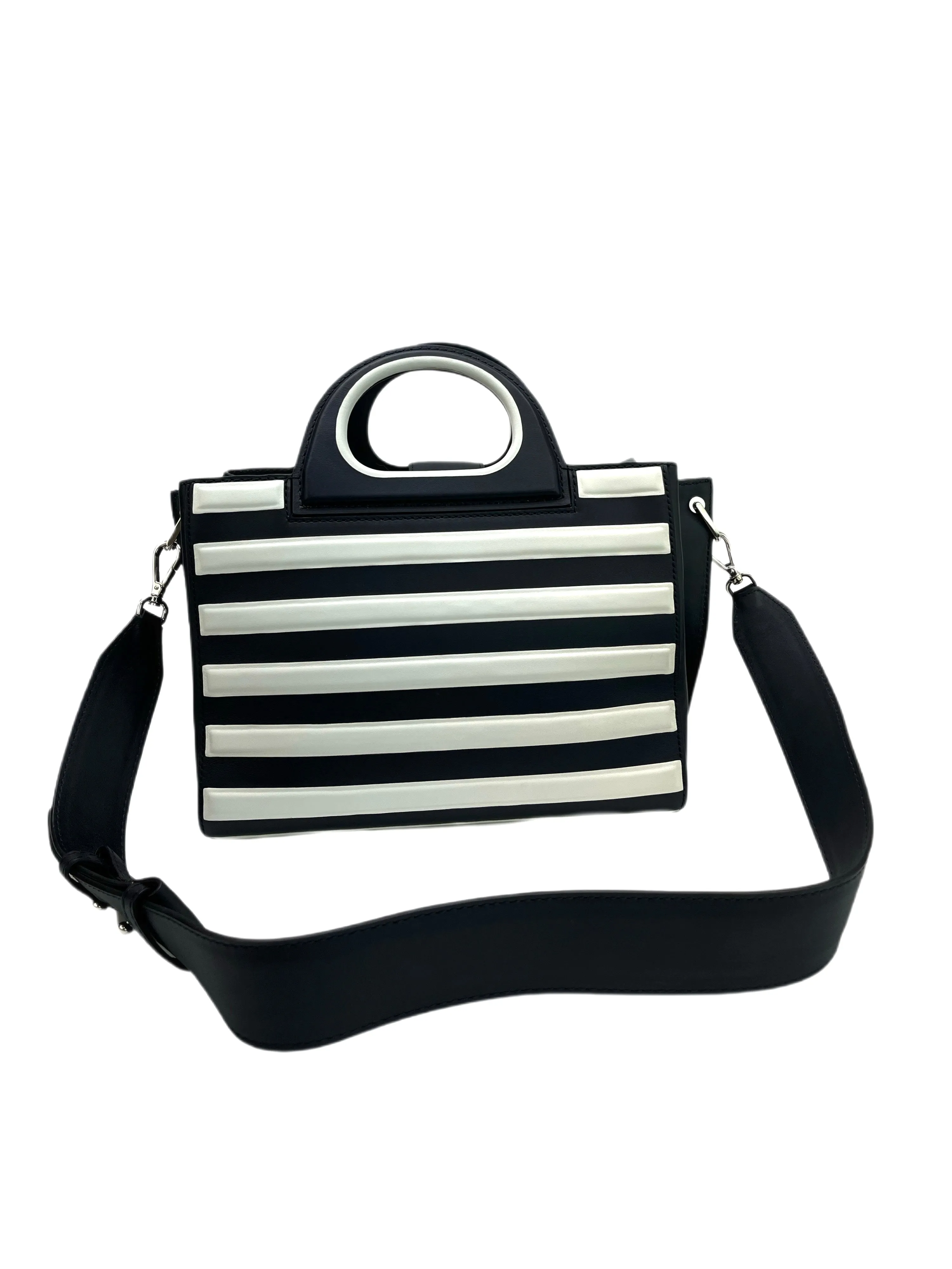 Max Mara Womeen's Blu Marino Grace2S Calfskin Striped Leather Handbag NWT